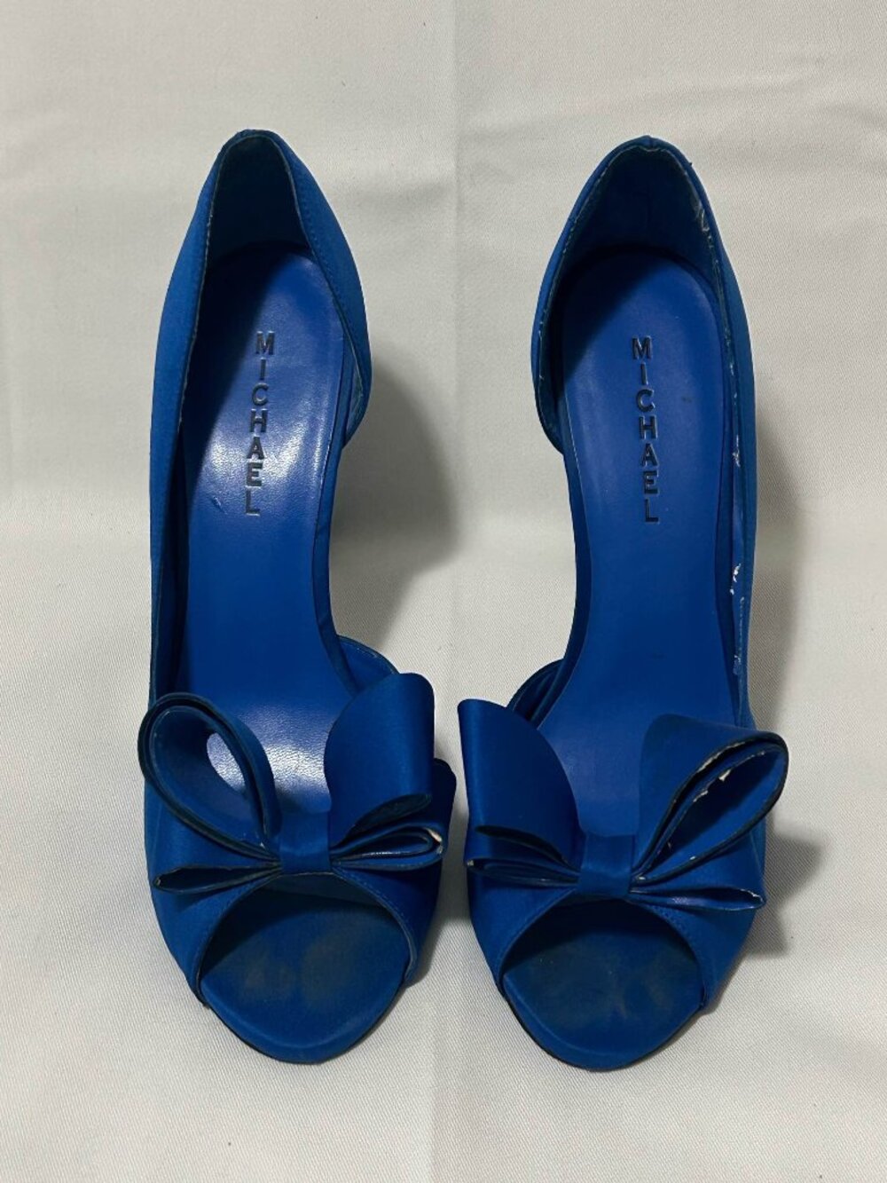 Michael - Blue Satin Peep-Toe Pumps with Bow Accent